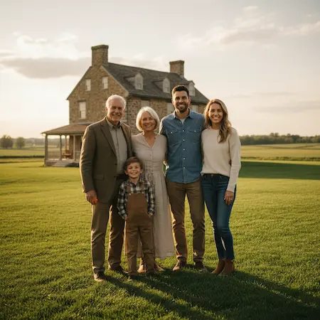a family standing in front of their country house